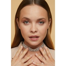 Furtek Aksesuar Kadın 5 Sıra Model Zirkon Taşlı Gümüş Gerdanlık Pırlanta Abiye Nişan Düğün Gelin Takı Tasma Choker