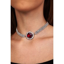 Furtek Aksesuar Kadın Bordo Oval Model Zirkon Taşlı Gümüş Pırlanta Abiye Gerdanlık Düğün Nişan Kolye Tasma Choker