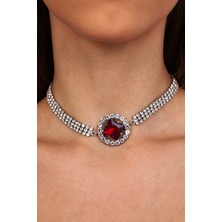 Furtek Aksesuar Kadın Bordo Oval Model Zirkon Taşlı Gümüş Pırlanta Abiye Gerdanlık Düğün Nişan Kolye Tasma Choker