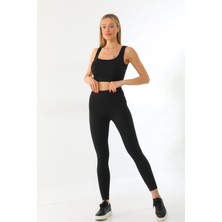 Kallima Siyah Spor Fitilli Crop-Tayt Takım