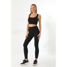 Kallima Siyah Spor Fitilli Crop-Tayt Takım