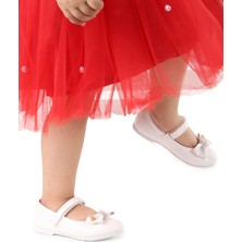 Kiko Kids Cırtlı Fiyonklu Kız Çocuk Babet Ayakkabı Ege 201 Cilt Beyaz