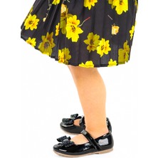 Kiko Kids Cırtlı Fiyonklu Kız Çocuk Babet Ayakkabı Ege 200 Rugan Siyah