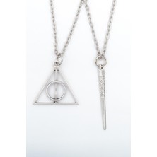 Herşey Nota 2'li Harry Potter Ölüm Yadigarları Üçgen - Antik Çubuk Erkek Kadın Kolye Seti 925 Ayar Gümüş Kaplama