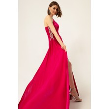 Lafaba Kadın Fuşya Tek Omuzlu Taşlı Uzun Abiye Elbise