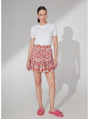 People By Fabrika Yüksek Bel Çok Renkli Kadın Desenli Mini Etek Sargod-3