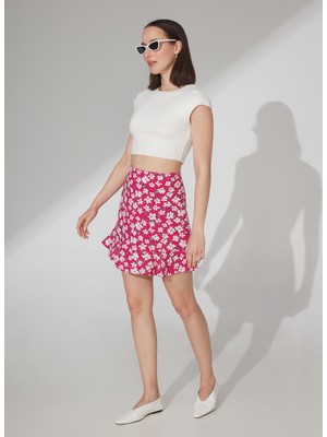 People By Fabrika Yüksek Bel Fuşya Kadın Desenli Mini Etek Attock-2