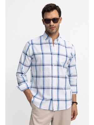 Tudors Klasik Fit Uzun Kol Ketenli Ekose Erkek Beyaz Gömlek