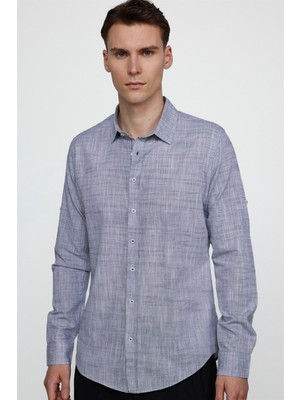 Tudors Slim Fit Uzun Kol Apoletli Keten Düz Erkek Lacivert Gömlek