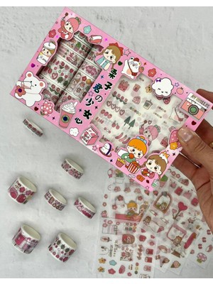 Sevimli Kız Pembe Kutu Şeffaf 10 Yaprak Sticker ve  10'lu Washi Bant Set / Washi Tape / Bullet Journal