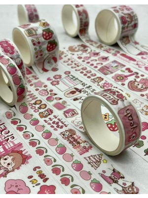 Sevimli Kız Pembe Kutu Şeffaf 10 Yaprak Sticker ve  10'lu Washi Bant Set / Washi Tape / Bullet Journal