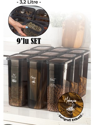 Vienev Beyaz Serigrafi Etiketli Set Peggy Dikdörtgen Saklama Kabı 3,2 lt Antrasit 9'lu