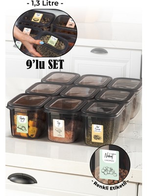 Vienev Renkli Etiketli 9lu Set Peggy Dikdörtgen Saklama Kabı 1,3 Litre Antrasit