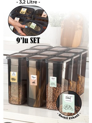 Vienev Renkli Etiketli 9lu Set Peggy Dikdörtgen Saklama Kabı 3,2 Litre Antrasit