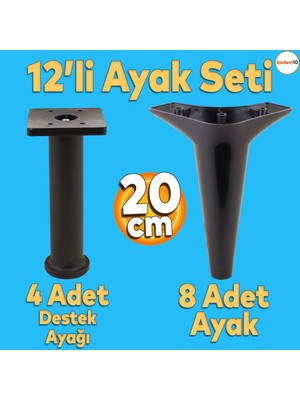 Badem10 Aspen 12'li Set Mobilya Kanepe Koltuk Tv Ünitesi Ayağı Ayakları Destek 20 Cm Siyah Robot Süpürge