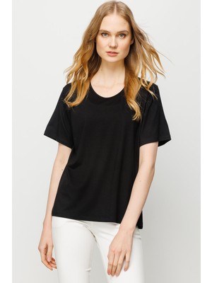 Desen Triko Kadın Sıfır Yaka Basic Penye T-shirt Siyah