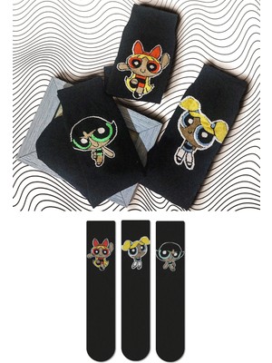 Çirkin Çoraplar Powerpuff Girls Desenli Dört Mevsim Unisex Renkli 3'lü Soket Çorap Seti