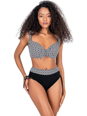 Endeep Kadın Büyük Beden Balenli Siyah Beyaz Desenli Bikini Takımı