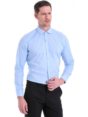 Hatemoğlu Mavi D.1 Desenli Slim Fit 100% Pamuk Açık Italyan Yaka Uzun Kollu Gömlek