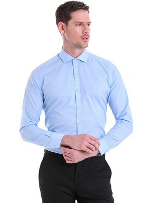 Hatemoğlu Mavi D.1 Desenli Slim Fit 100% Pamuk Açık Italyan Yaka Uzun Kollu Gömlek