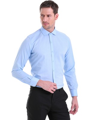 Hatemoğlu Mavi D.1 Desenli Slim Fit 100% Pamuk Açık Italyan Yaka Uzun Kollu Gömlek