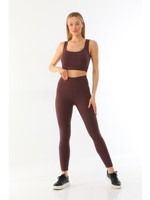 Kallima Kahverengi Spor Fitilli Crop-Tayt Takım