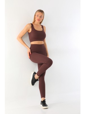 Kallima Kahverengi Spor Fitilli Crop-Tayt Takım