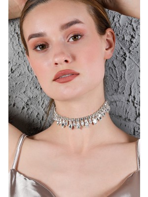 Furtek Aksesuar Kadın Büyük Küçük Badem Zirkon Taşlı Model Gümüş Pırlanta Abiye Düğün Nişan Gelin Kolye Tasma Choker