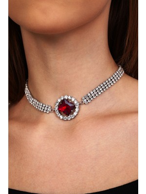 Furtek Aksesuar Kadın Bordo Oval Model Zirkon Taşlı Gümüş Pırlanta Abiye Gerdanlık Düğün Nişan Kolye Tasma Choker