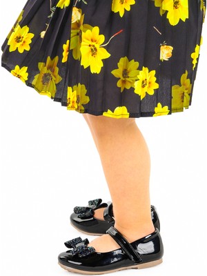 Kiko Kids Cırtlı Fiyonklu Kız Çocuk Babet Ayakkabı Ege 200 Rugan Siyah