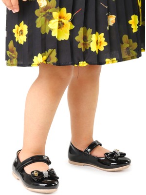 Kiko Kids Cırtlı Fiyonklu Kız Çocuk Babet Ayakkabı Ege 201 Rugan Siyah