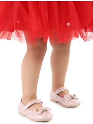 Kiko Kids Cırtlı Fiyonklu Kız Çocuk Babet Ayakkabı Ege 201 Vakko Pudra
