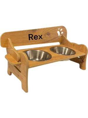 RealWood Özel Isim Baskılı, Ahşap, Kademeli, Eğimli, Çelik Kaseli, Kedi-Köpek Mama ve Su Kabı Stantı