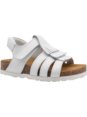 Kids A More Loren Tek Cırtlı Püsküllü Deri Kız Çocuk Sandalet Beyaz