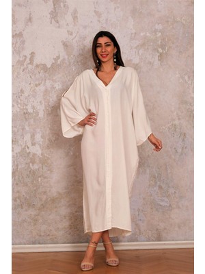 Keyifli Moda Kadın Beyaz V Yaka Düğmeli Sırtı Nakışlı Cepli Omuzu Pencereli Oversize Uzun Elbise