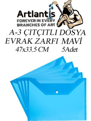 Artlantis A3 Çıtçıtlı Dosya Mavi 5 Adet A-3 Çıt Çıtlı Zarf Dosya Transparan 47X33.5 cm Büyük Boy Çıtçıtlı Dosya