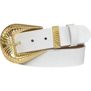 Goderi  Hakiki Deri, Büyük Gold Tokalı, Metal Köprülü Beyaz Kadın Kot Kemeri 4 cm