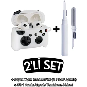 Airpods 3. Nesil Uyumlu Beyaz Oyun Konsolu Kılıf ve Beyaz 3'ü 1 Arada Airpods Temizleme Kalemi Seti