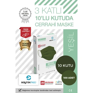 Meltblown Filtreli 3 Katlı Yassı Ipli 10'lu Pakette Haki Yeşil Maske (100 Adet/10 Kutu)