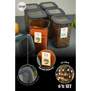 Renkli Etiketli Foly Kare Erzak Saklama Kabı Antrasit 1,2 lt 6'lı