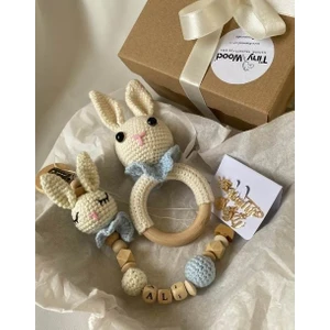 Tiny Wood Hoşgeldin Bebek Hediyelik, Erkek, Yenidoğan Bebek Isimli Emzik Askısı Hediye Seti, Diş Kaşıyıcı