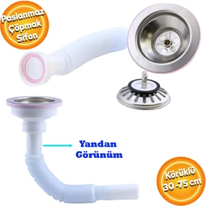 Lüks Çöpmak Körüklü Evye Lavabo Sifonu Gider Borusu Akordiyon Plastik Geniş Kafa Paslanmaz 30 -75 cm