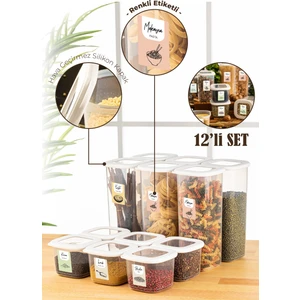 12li Renkli Etiketli Foly Kare Erzak Saklama Kabı 6x(0,55 lt + 1,75 lt) Beyaz