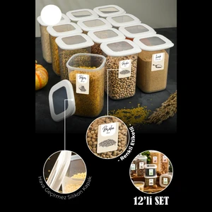 Renkli Etiketli Kare Erzak Saklama Kabı 1,2 lt Beyaz 12'li