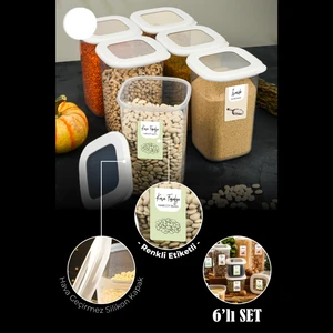Renkli Etiketli Kare Erzak Saklama Kabı 1,2 lt Beyaz 6'lı