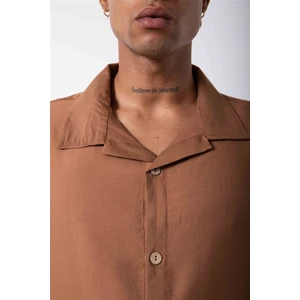 Oversize Keten Kısa Kollu Gömlek Camel