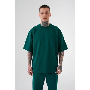 Oversıze Basıc Pamuklu T-Shırt Koyu Yeşil