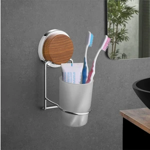 Okyanus Home Ahşap Desenli Magic Fix Sihirli Yapışkan Krom Diş Fırçalık