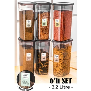 Renkli Etiketli 6lı Set Peggy Dikdörtgen Saklama Kabı 3,2 Litre Antrasit