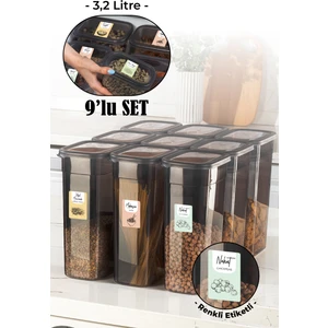 Renkli Etiketli 9lu Set Peggy Dikdörtgen Saklama Kabı 3,2 Litre Antrasit